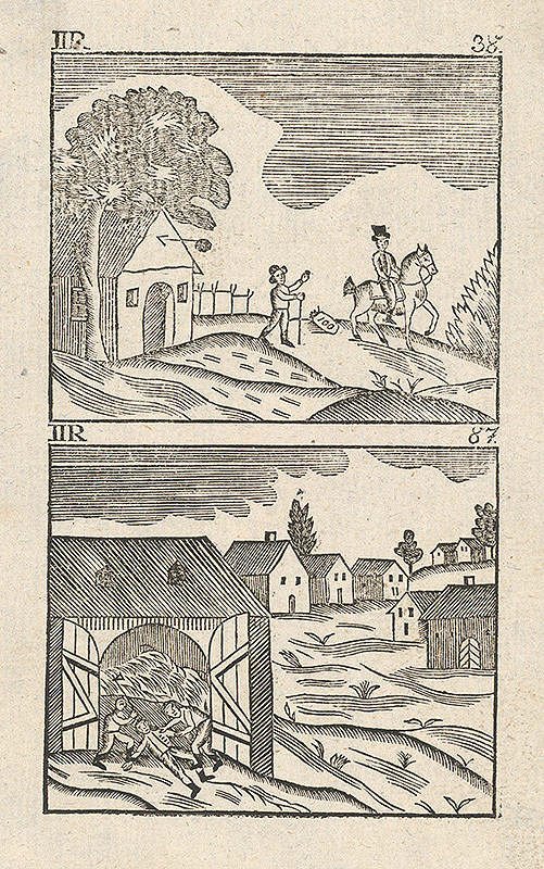 Stredoeurópsky grafik z 19. storočia – Dvojobraz-Statkár a sedliak, Bitka v stodole