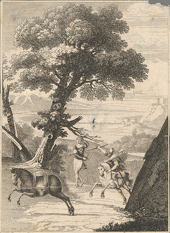 Stredoeurópsky grafik z 19. storočia – Absolón visiaci za vlasy na strome