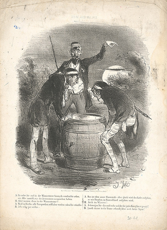Stredoeurópsky grafik z 19. storočia – Karikatúra-Traja muži pri sude