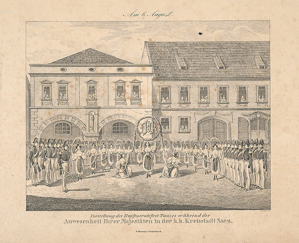 Ferdinand Karl Klimsch – Dočesná na námestí v Žatci pri príležitosti návštevy cisára Františka I. a jeho manželky Karoliny Augusty v roku 1833 