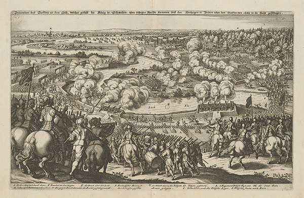 Stredoeurópsky grafik z 1. polovice 17. storočia – Zrážka medzi švédskou a nemeckou armádou na rieke Lech