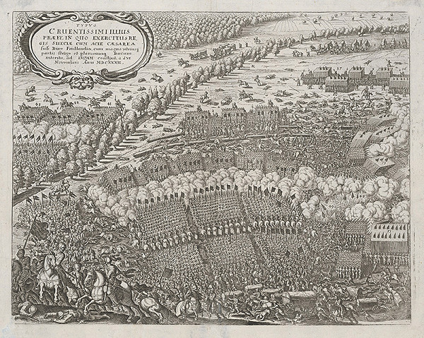 Stredoeurópsky grafik z 1. polovice 17. storočia – Bitka medzi švédskou a nemeckou armádou pri Sützene