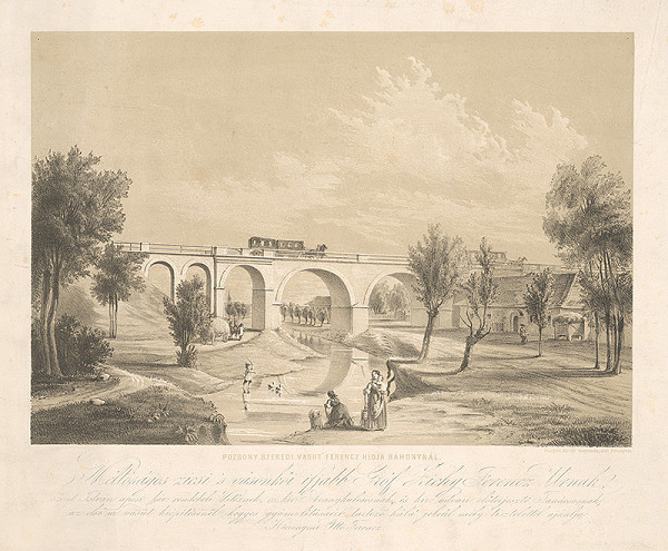 Stredoeurópsky grafik z polovice 19. storočia – Františkov most konskej železnice v Báhoni