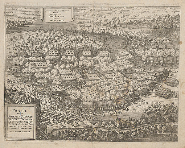 Stredoeurópsky grafik z 1. polovice 17. storočia – Bitka Tillyho medzi švédskou a nemeckou armádou pri Lipsku