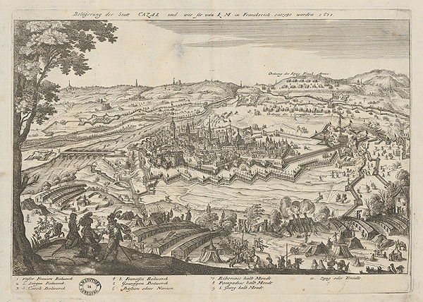 Nemecký grafik z 1. polovice 17. storočia – Obliehanie Cazalu španielskym vojskom