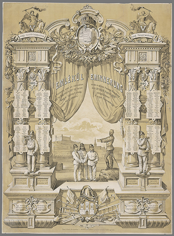 Stredoeurópsky grafik z 19. storočia – Pamätná listina pri príležitosti schôdze hasičov
