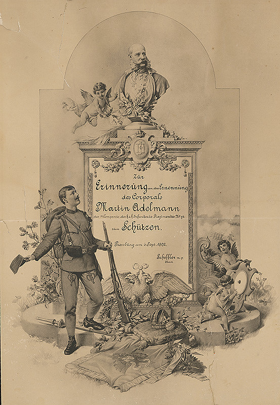Stredoeurópsky grafik z 2. polovice 19. storočia – Pamätná listina pri vymenovaní M.Adelmanna za strážcu