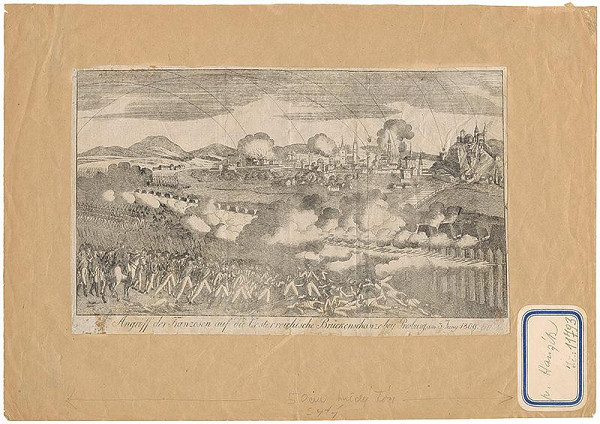 Rakúsky grafik z 19. storočia – Útok francúzskeho vojska na rakúske mostové priekopy pri Bratislave 3. júna 1809