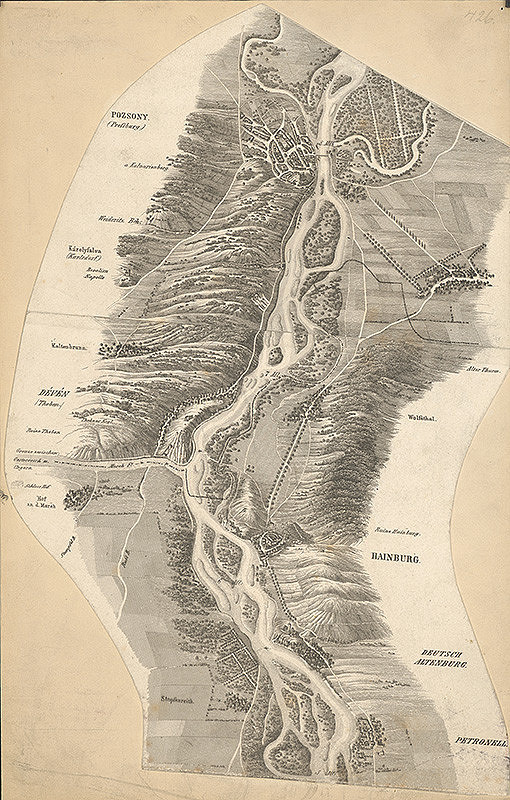 Stredoeurópsky grafik z 19. storočia – Mapa toku Dunaja medzi Bratislavou a Petronellom