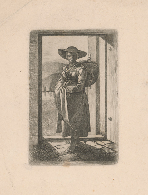 Stredoeurópsky grafik z polovice 19. storočia, AKH – Tirolanka v širokom klobúku s košom na chrbte 