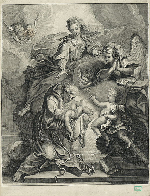 Taliansky rytec z 18. storočia – Sv. Anton Paduánsky s Ježiškom, madonou v oblakoch a anjelmi