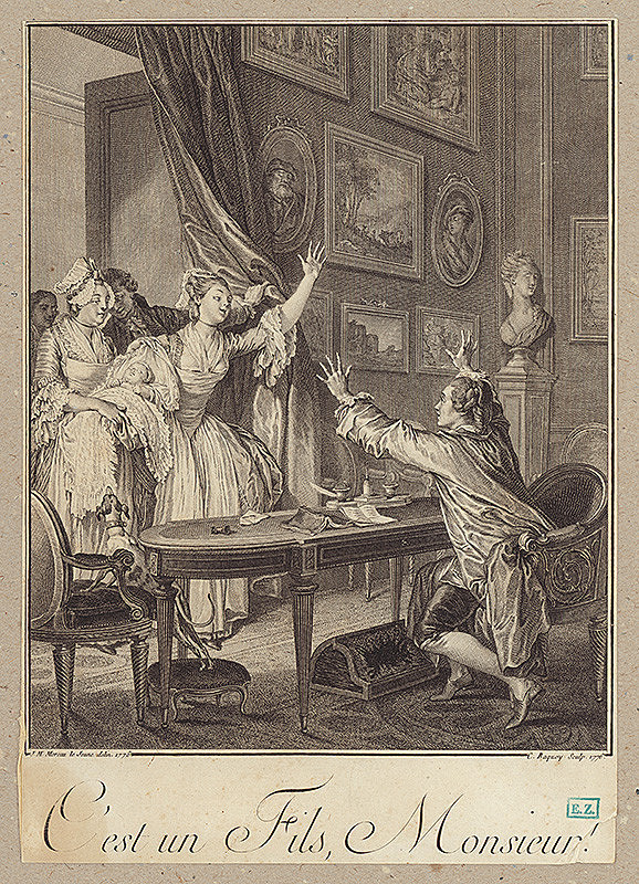 Jean Charles Baquoy, Jean Henri Eberts, Jean Michel Moreau – Je to syn, pane! (ilustrácia z druhého zväzku knihy Le Monumment du Costume Physique et Moral de la fin du dix-huitième siècle, ou Tableaux de la Vie, Paris, 1776) 