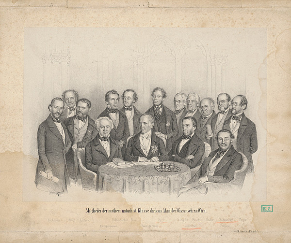Rakúsky grafik – Portrét predstaviteľov matematického a prírodovedného oddelenia viedenskej akadémie ((Členovia Matematicko-prírodovedného oddelenia Cisárskej akadémie vied vo Viedni (príloha časopisu Faust))