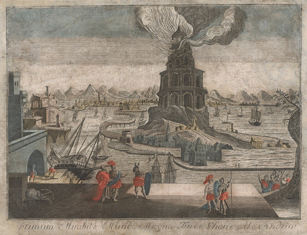 Stredoeurópsky grafik – Požiar majáku na ostrove Fáros pri Alexandrii 