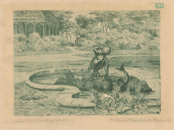 H. Schuck – Fontána s postavou Tritona v parku v Bayreuth 