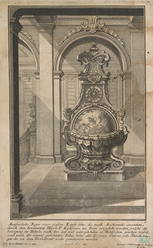 Johann Jacob Schübler, Jeremias Wolff – Alegorické zátišie s glóbusom nebies (Veľké stojace kyvadlové hodiny) 