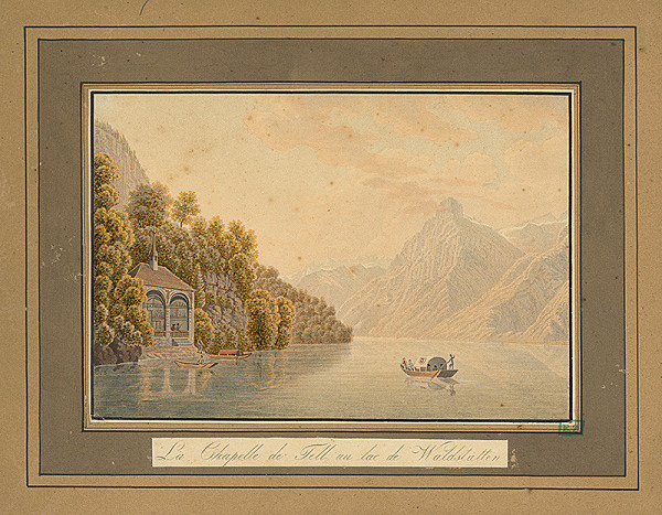 Rakúsky litograf z 1. polovice 19. storočia – Kaplnka Tell na jazere vo Waldstatten