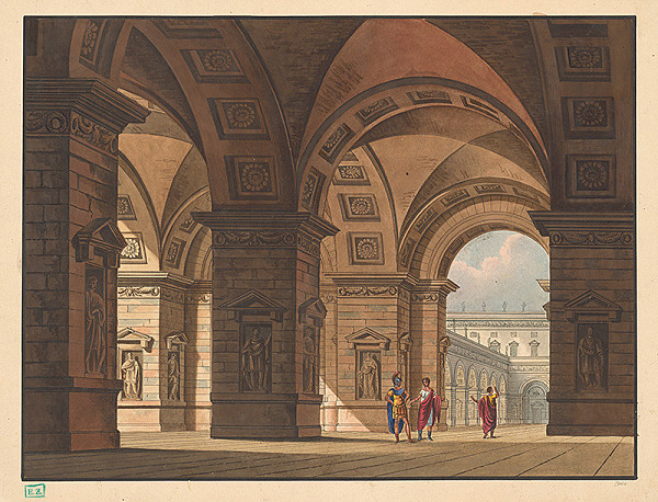 Julius Hermann Oehme, Winckelmann & Söhne – Návrh na antikizujúcu scénu z antickej drámy ((Antická bazilika (dekorácia papierového divadla)) 