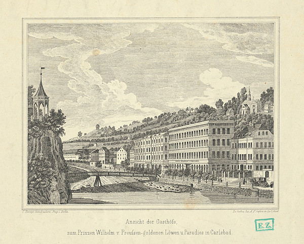 Carl Hennig, A. F. Seifert – Pohľad na Karlove Vary ((Pohľad na hotely Princ Wilhelm, U Zlatého leva a Paradies v Karlových Varoch (list z Album von Carlsbad)) 