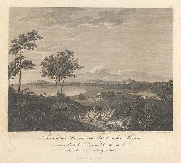 Carl Schleich ml., Heinrich Ludwig Brönner, Johann Christoph Friedrich Heubach – Pohľad na jazero pri hore Monte de S. Joao (Pohľad na farmu Tapebuçú, morské pobrežie s Monte de S. João a Serra de Iriri, vynárajúce sa z džungle) 