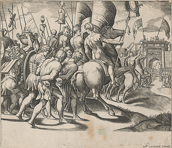 Majster B s kockou, Antonio Lafréry, Raffael – Triumf Scipiona (Triumfálny vjazd Scipia do Ríma, ilustrácia z knihy Speculum Romanae Magnificentiae) 