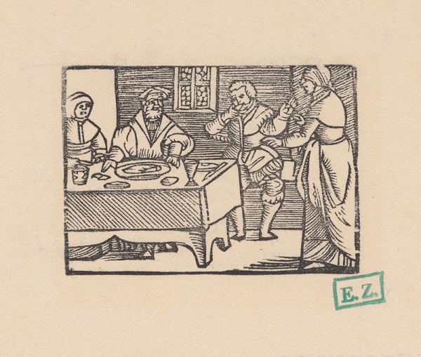Norimberskí kopisti frankfurtského vydania Dyl Vlenspiegel – Eilenšpígel hoduje v bamberskej krčme bez platenia