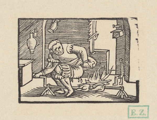 Norimberskí kopisti frankfurtského vydania Dyl Vlenspiegel – Eilenšpígel mastí lajnom kurčatá na ražni