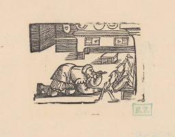 Norimberskí kopisti frankfurtského vydania Dyl Vlenspiegel – Eilenšpígel objedá kurča z ražňa 