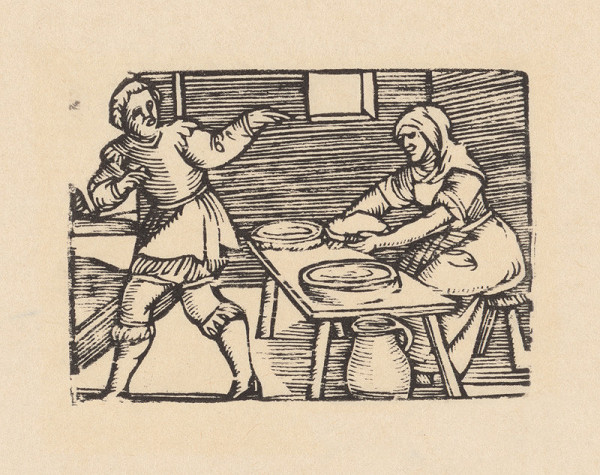 Norimberskí kopisti frankfurtského vydania Dyl Vlenspiegel – Eilenšpígel učí sedliačku variť polievku z kameňov