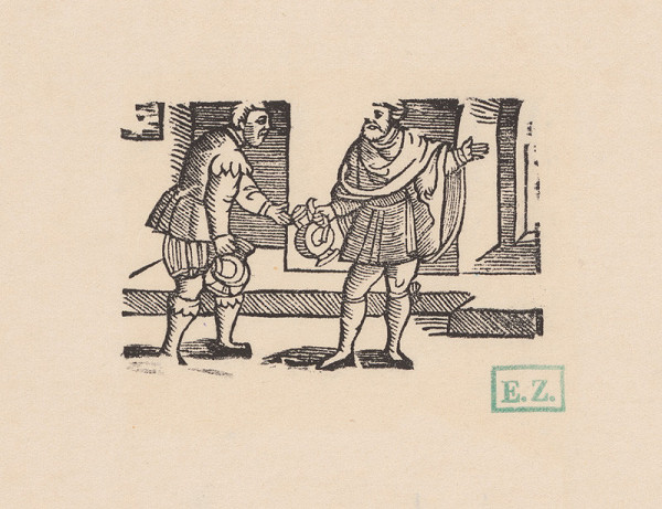 Norimberskí kopisti frankfurtského vydania Dyl Vlenspiegel – Eilešpígel mení s lakomým čašníkom vodu za víno 