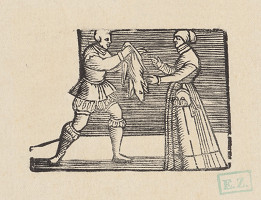 Norimberskí kopisti frankfurtského vydania Dyl Vlenspiegel – Eilenšpígel platí krčmárke kožou z jej vlastného psa 