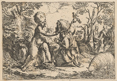 Guido Reni, Alfred Stix – Svätý Ján a malý Ježiš so svätou rodinou v pozadí (Malý sv. Ján Krstiteľ kľačí pred Ježiškom) 