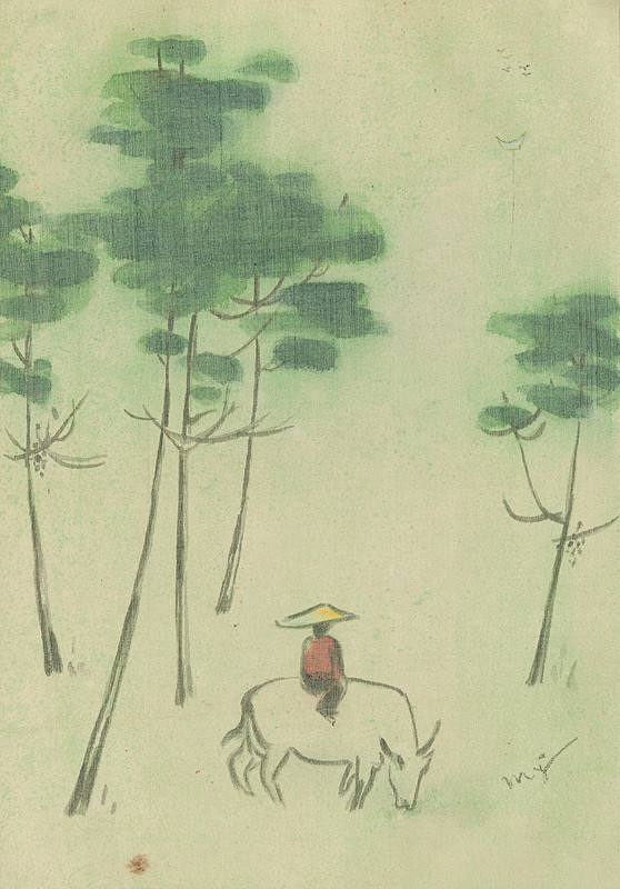 Vietnamský grafik – Muž na byvolovi v krajine 