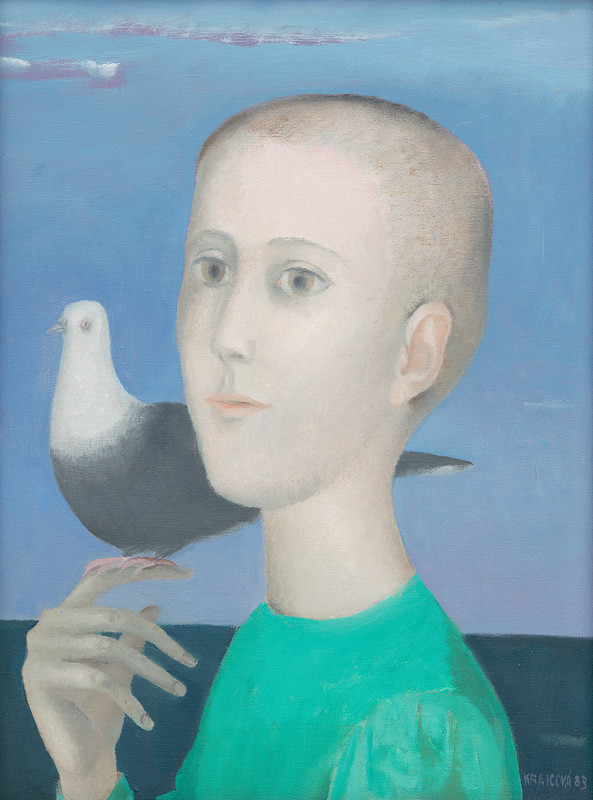 Chlapec s holubicou, 1983, Galéria Ernesta Zmetáka, Nové Zámky