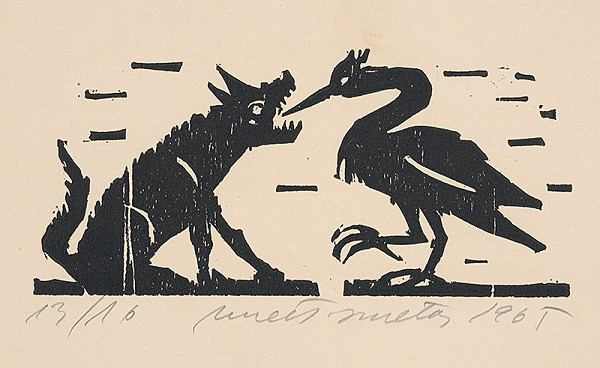 Ernest Zmeták – Ilustrácia k Ezopovým bájkam- Vlk a volavka 
