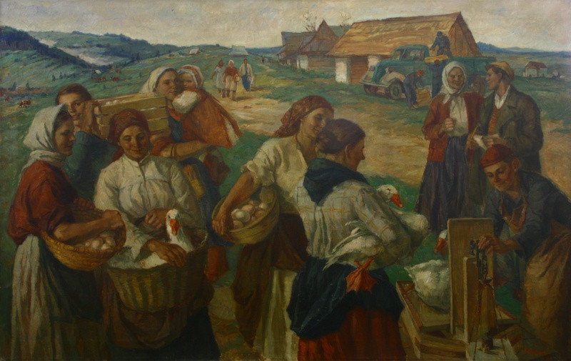 Mária Medvecká – Odovzdávanie kontingentu na hornej Orave, 1951, Oravská galéria v Dolnom Kubíne 