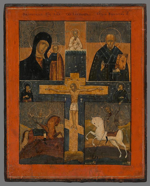 Neznámy autor – Ikona-Ukrižovanie s kazaňskou bohorodičkou,sv.Mikulášom,sv.Jurajom a Dimitrij