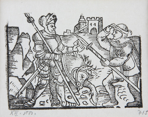 Neznámy autor – Rytier odovzdáva správu jednému zo strážcov hradu - Ilustrácia k histórii o Fortunatovi