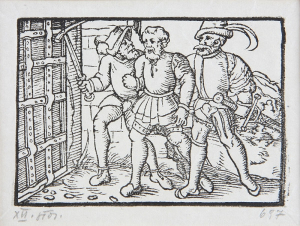 Neznámy autor – Dvaja rytieri vedú zajatého šľachtica - Ilustrácia k histórii o Fortunatovi