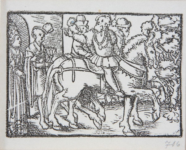 Neznámy autor – Rozlúčka kniežaťa s manželkou pri hradnej bráne v doprovode dvoch jazdcov. - Ilustrácia k histórii o Valterovi a Grizelde 