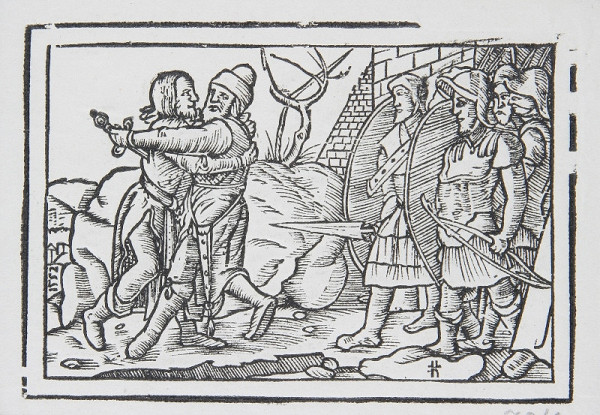 Neznámy autor – Zápas dvoch mužov, z ktorých jeden vráža do chrbta druhému meč. 