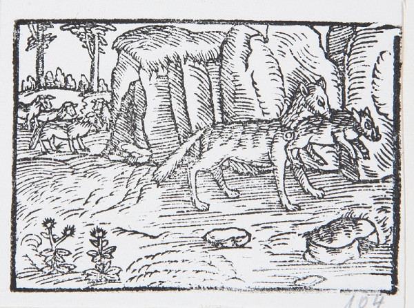 Neznámy autor – Vlk a mladý diviak - Ilustrácia k Ezopovým bájkam 