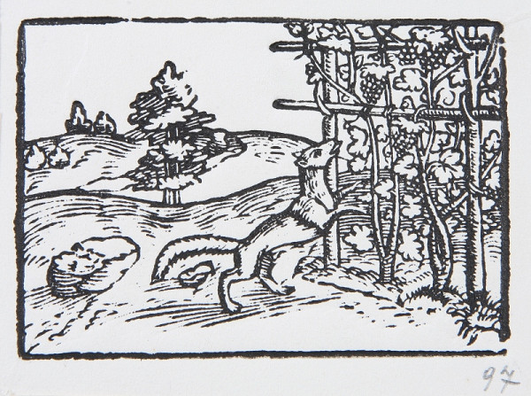 Neznámy autor – Líška a hrozno - Ilustrácia k Ezopovým bájkam 