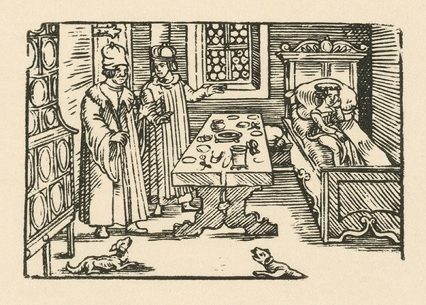 Nemecký grafik z 2. polovice 16. storočia – Xantus prosí ženu, aby ochránila jedlo pred psom