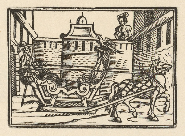 Nemecký grafik zo začiatku 17. storočia – Rytier na sánkach 