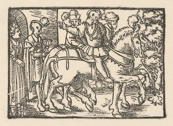 Nemecký grafik z 2. polovice 16. storočia – Rozlúčka kniežaťa s manželkou pri hradnej bráne v sprievode dvoch jazdcov
