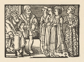 Nemecký grafik z 2. polovice 16. storočia – Kráľovná privádza pred kráľa tri dvorné dámy 