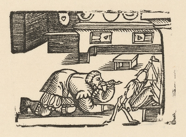 Nemecký grafik z polovice 16. storočia – Enšpígl ujedá z pečienky
