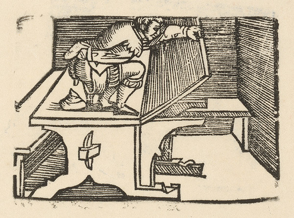 Nemecký grafik z polovice 16. storočia – Enšpígl znečisťuje stôl
