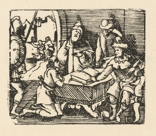 Nemecký grafik zo začiatku 17. storočia – Kľačiaci prosebník pred kráľom a sudcami 